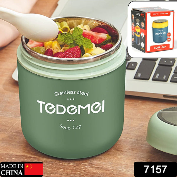 7157 Stainless Steel Solid Premium 1Pc Soup Container with Spoon and 1 Spoon On Soup Cup Top DeoDap