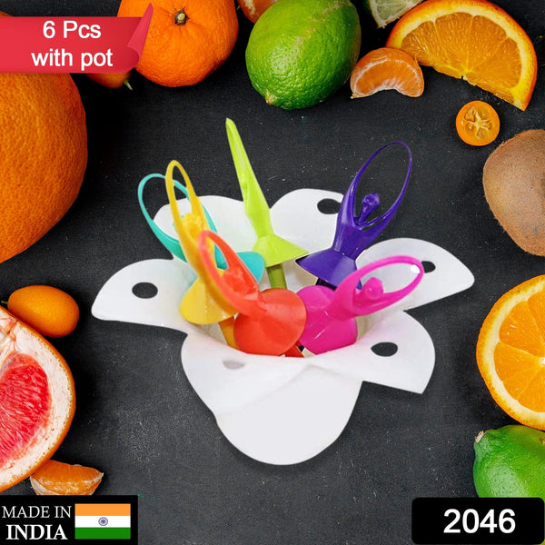 2046 Dancing Doll Fruit Fork Cutlery Set with Stand Set of 6. DeoDap